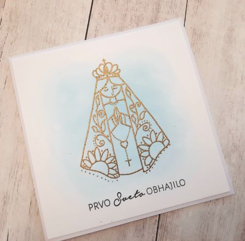 prvo sveto obhajilo cestitka vabilo elegantno modra marija